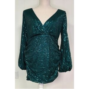Brand New Long Sleeve Emerald/Teal Green Sequins Cocktail Dress